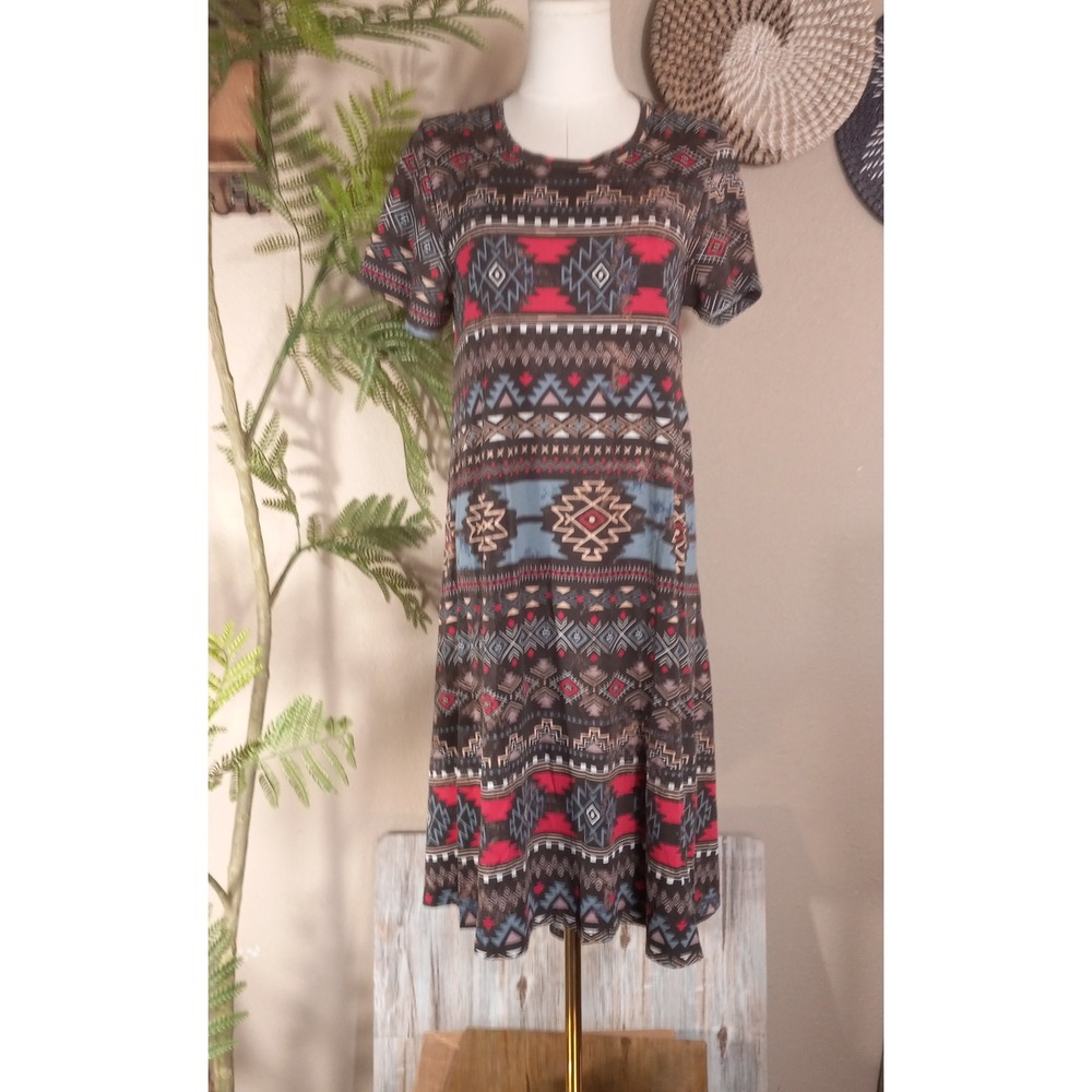 LuLaRoe Carly Dress Womens Medium M Southwest Tribal Print High Low Swing Brown
